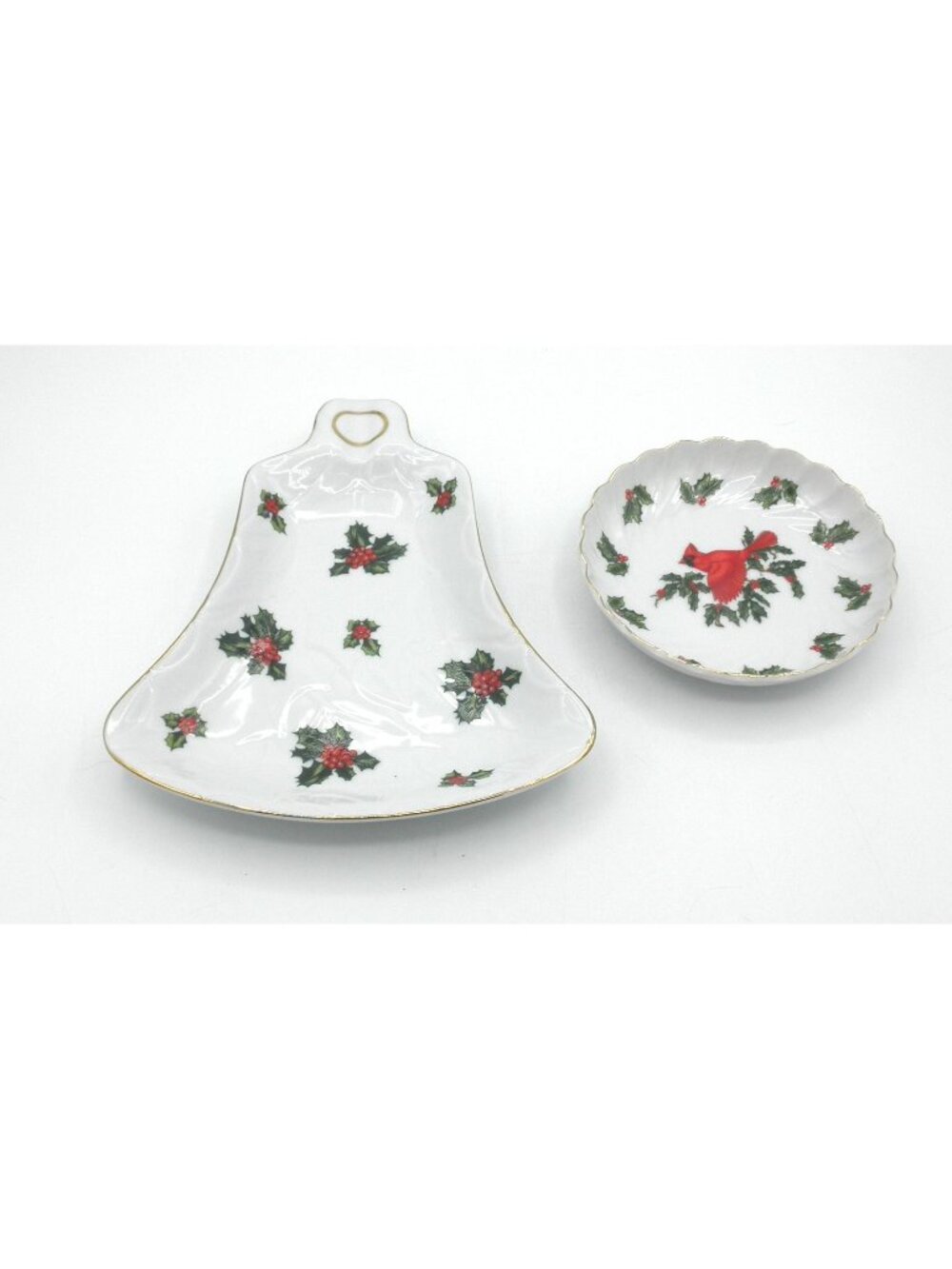 Holly by Lefton Bell Shaped Plate and Trinket/Candy Dish Hand-painted Cardinal